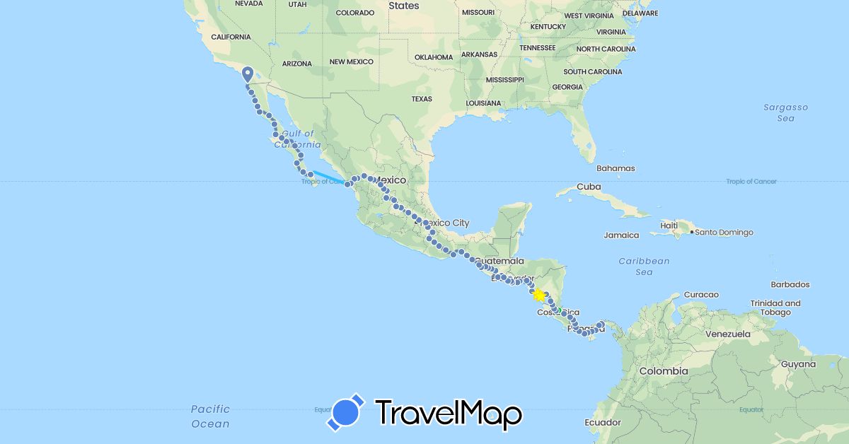 TravelMap itinerary: driving, bus, cycling, boat in Mexico, Nicaragua, Panama (North America)