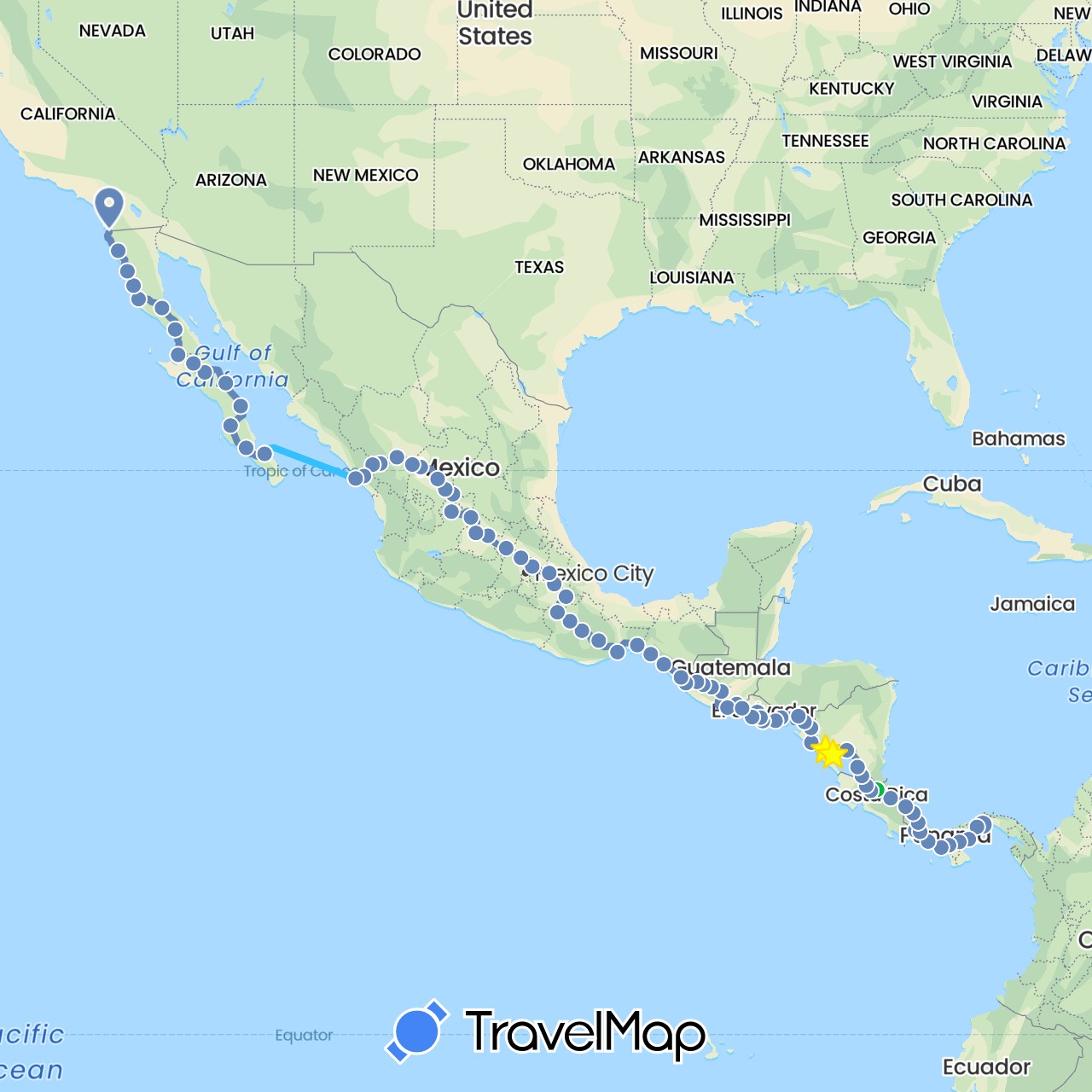 TravelMap itinerary: driving, bus, cycling, boat in Mexico, Nicaragua, Panama (North America)