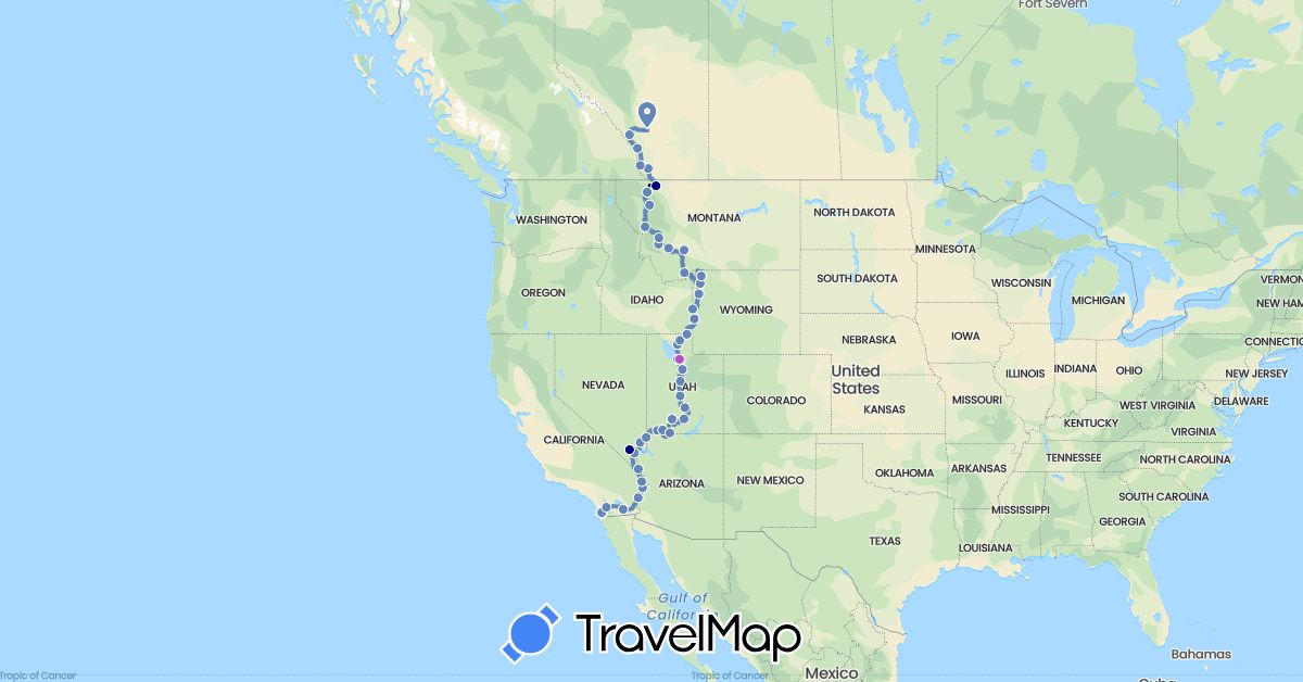 TravelMap itinerary: driving, cycling, train in Canada, United States (North America)
