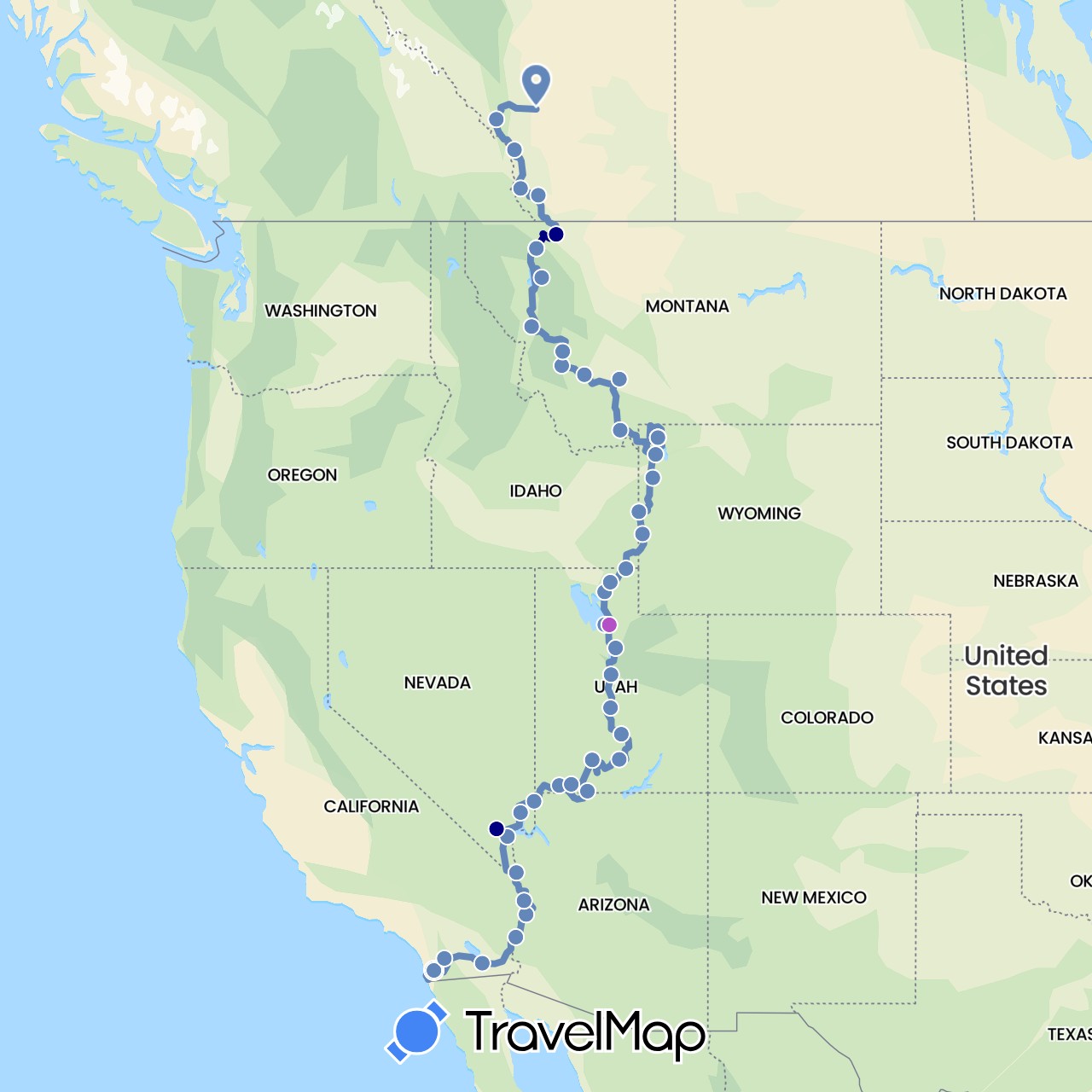 TravelMap itinerary: driving, cycling, train in Canada, United States (North America)