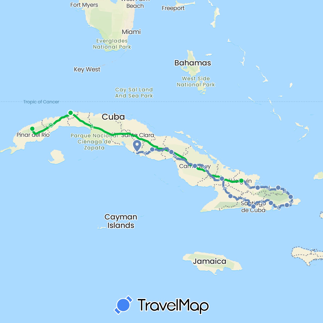 TravelMap itinerary: bus, cycling in Cuba (North America)