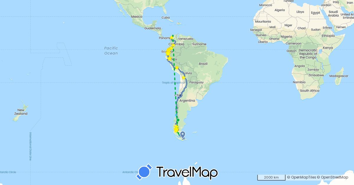 TravelMap itinerary: driving, bus, plane, cycling, train, hiking, boat in Argentina, Bolivia, Chile, Colombia, Ecuador, Peru (South America)